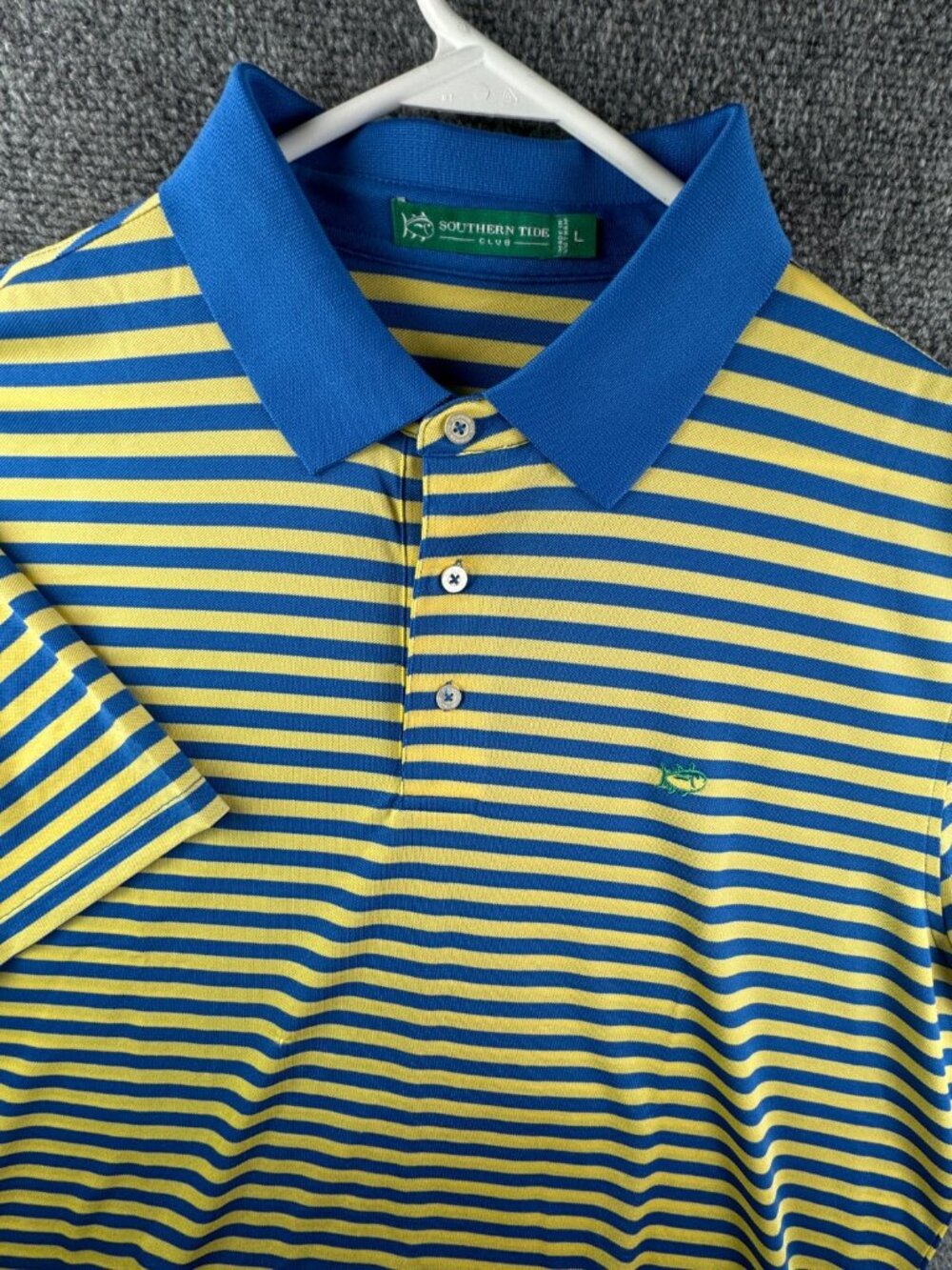 Southern Tide Club Short Sleeve Polo Shirt Blue Yellow Striped Large Men Golf
